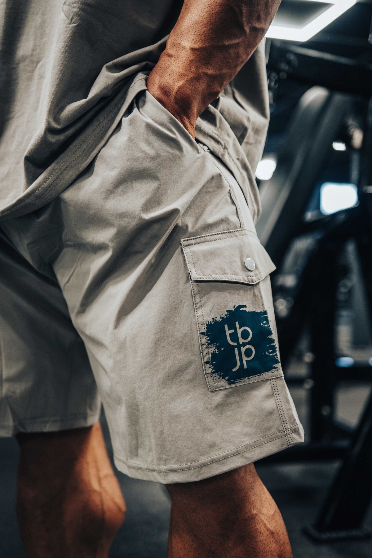 Cargo Shorts with Pockets, in Light Grey with Blue Green detail
