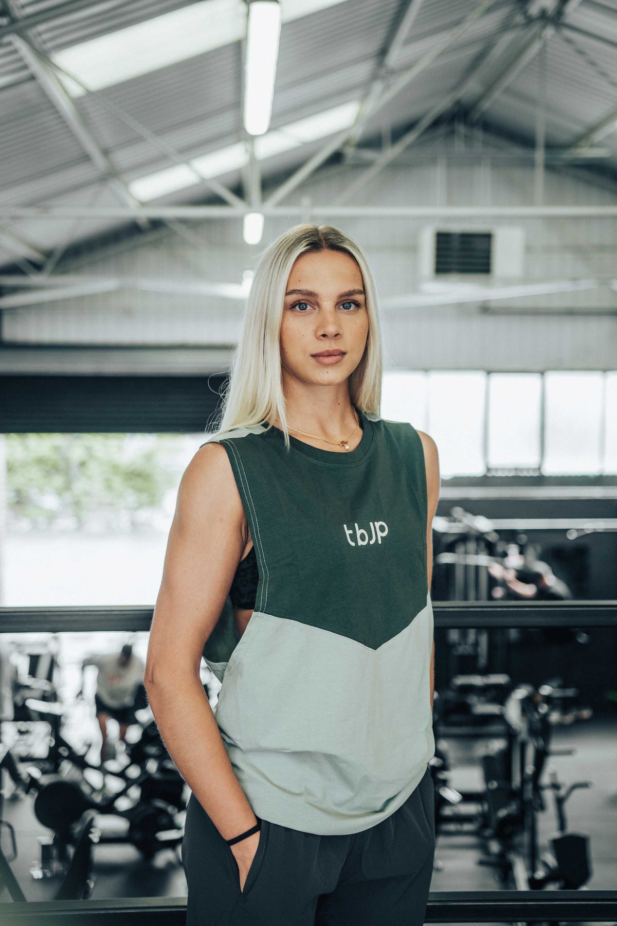 Sleeveless Tshirt Vest with vertical back stripe, in Sage & Pine