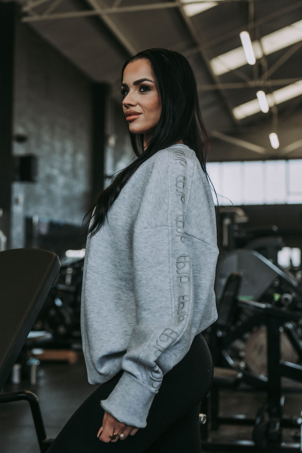 Light Grey Sweater with Stitched Logo Arm Stripes