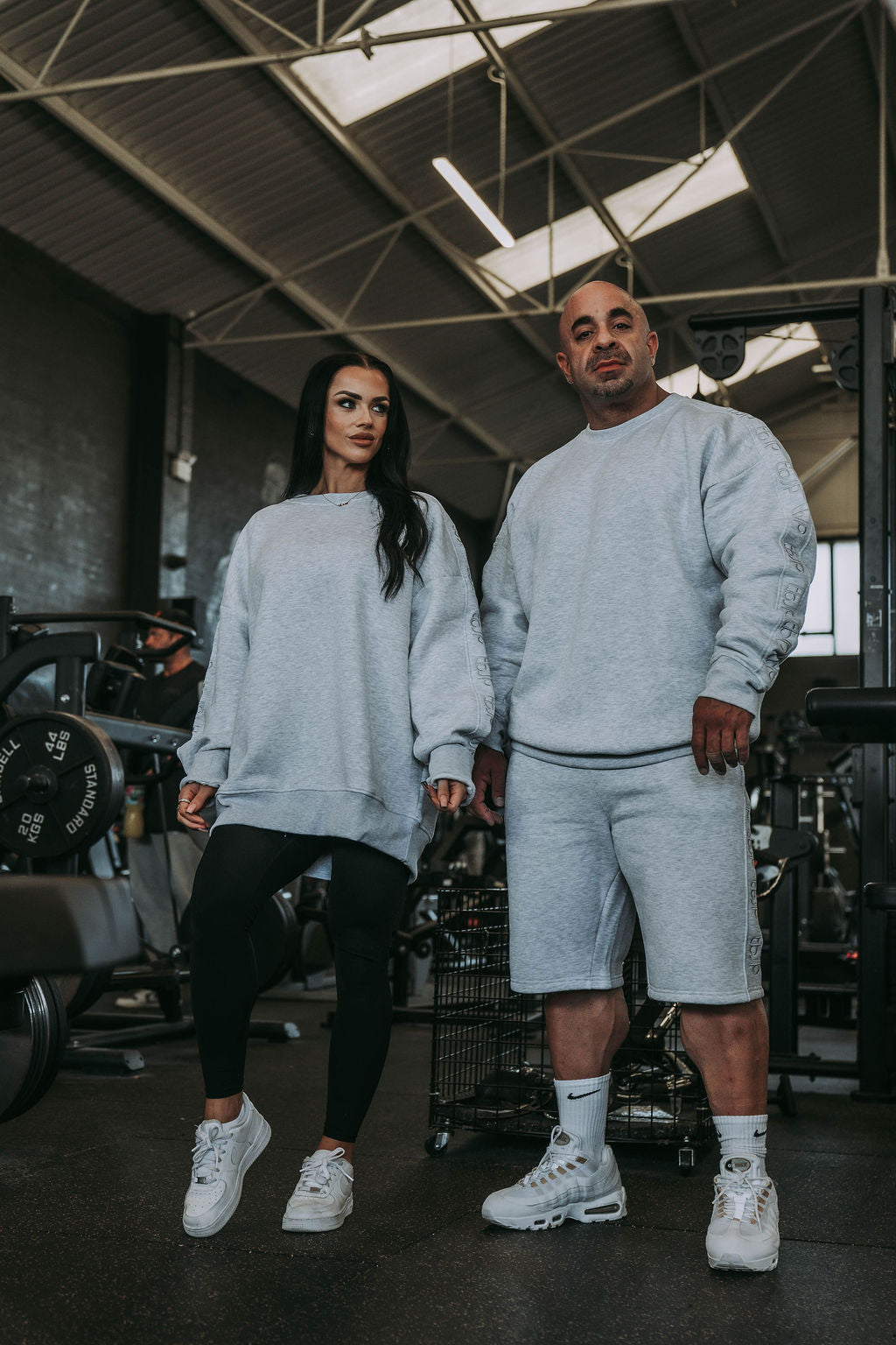 Light Grey Sweater with Stitched Logo Arm Stripes