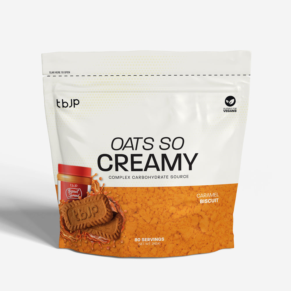 tbJP Oats So Creamy Complex Carbohydrate Source in Garamel Biscuit flavor, featuring a white upper half and an orange lower half with a biscuit graphic, on a light gray background.