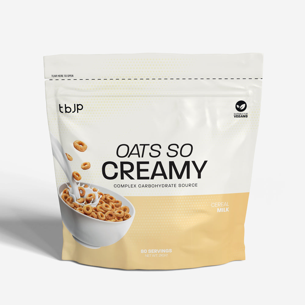 tbJP Oats So Creamy complex carbohydrate source cereal, featuring a white and pale yellow design with a bowl of cereal and milk splash graphic, on a light gray background.