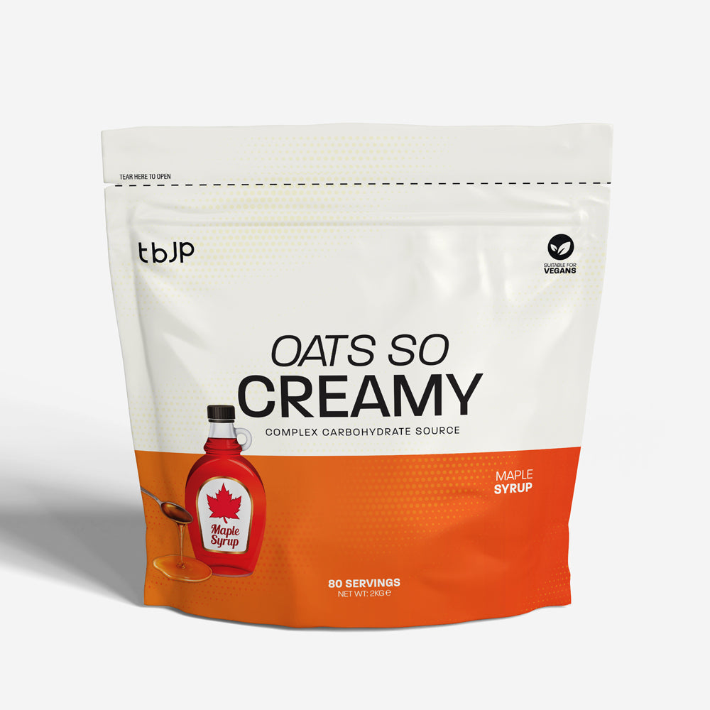 tBJP Oats So Creamy Complex Carbohydrate Source in Maple Syrup flavor, featuring a white and orange design with a graphic of maple syrup.