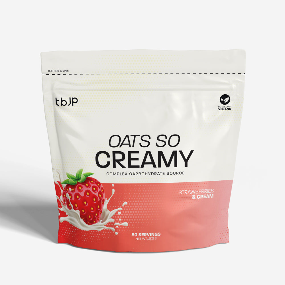 tbJP Oats So Creamy in STrawberries & Cream flavor, featuring a white and red design with a strawberry and milk graphic.