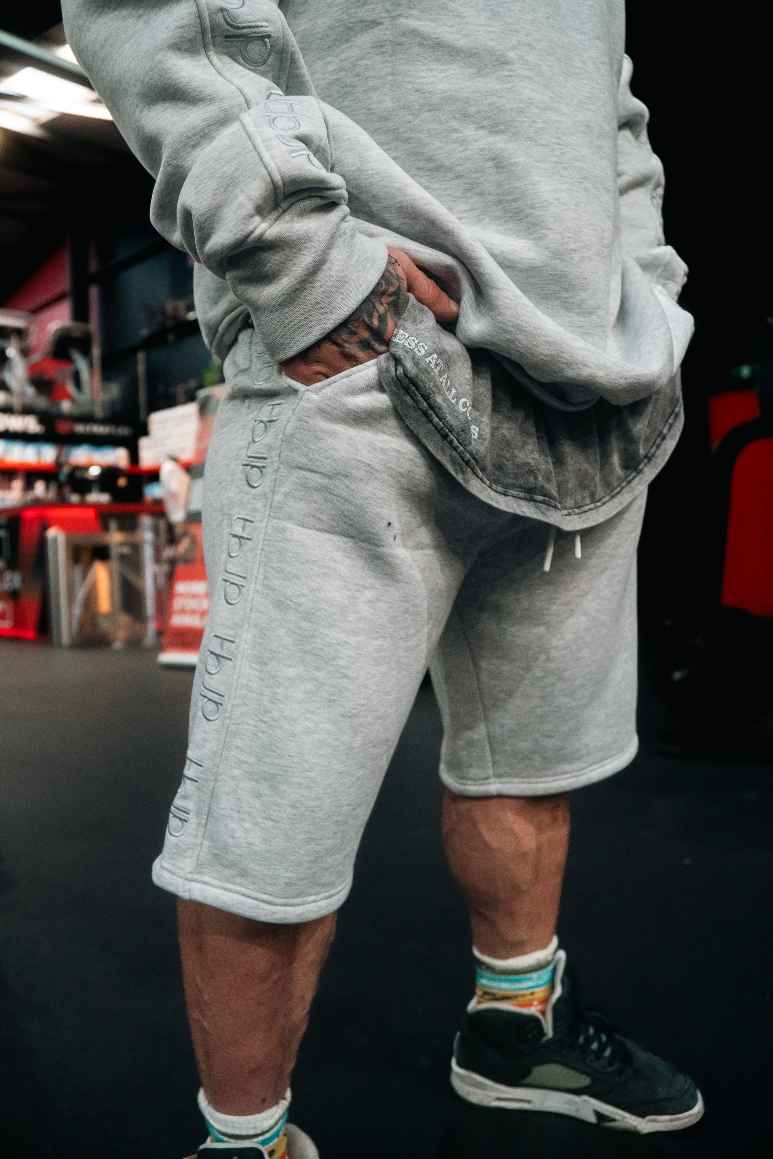 Light Grey Shorts with Stitched Logo Detail
