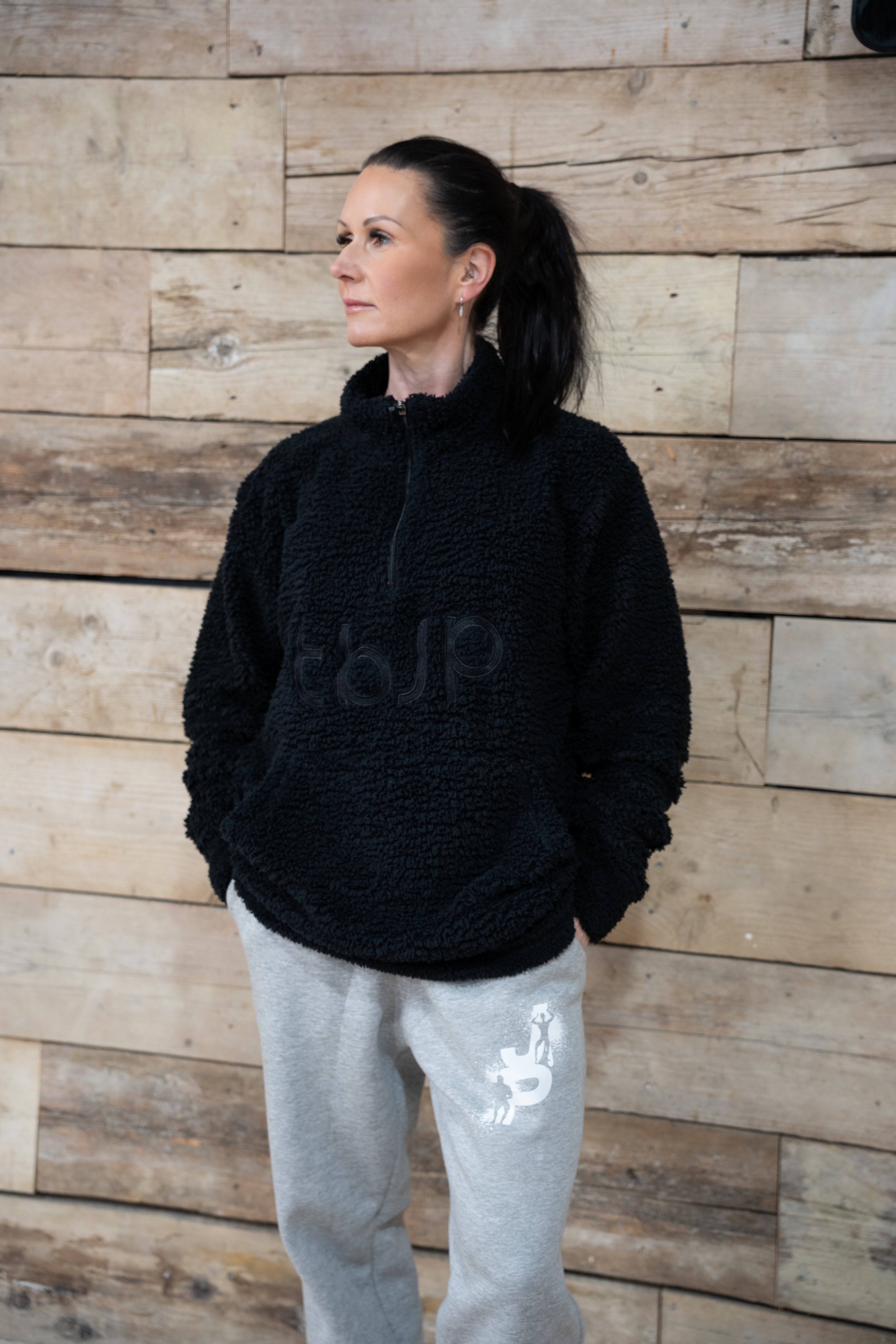 Sherpa Fleece High Neck Jumper in Black
