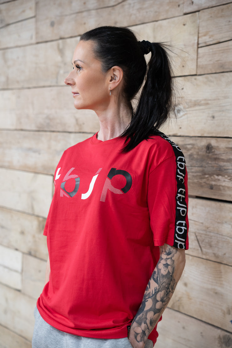 The tbJP Signature Side Stripe Tee in Crimson