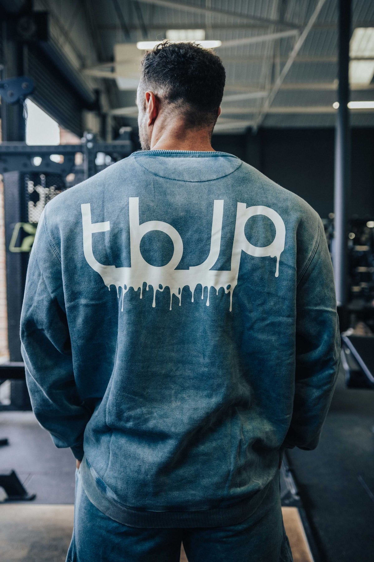 tbJP Drip Logo Sweater in Blue Green with Cream Logo