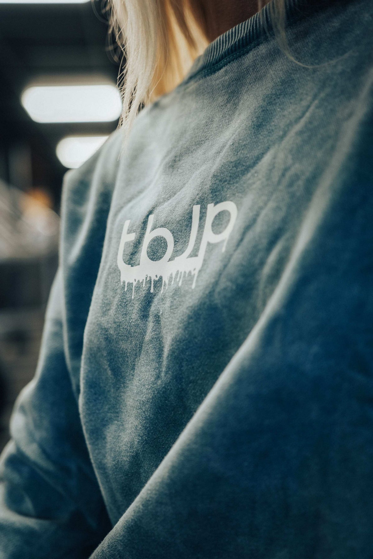 tbJP Drip Logo Sweater in Blue Green with Cream Logo