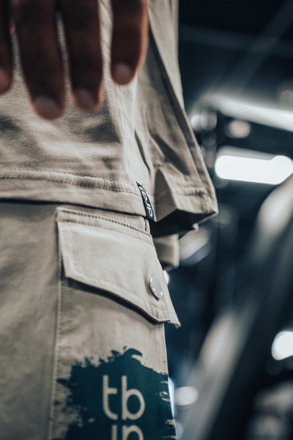 Cargo Shorts with Pockets, in Light Grey with Blue Green detail