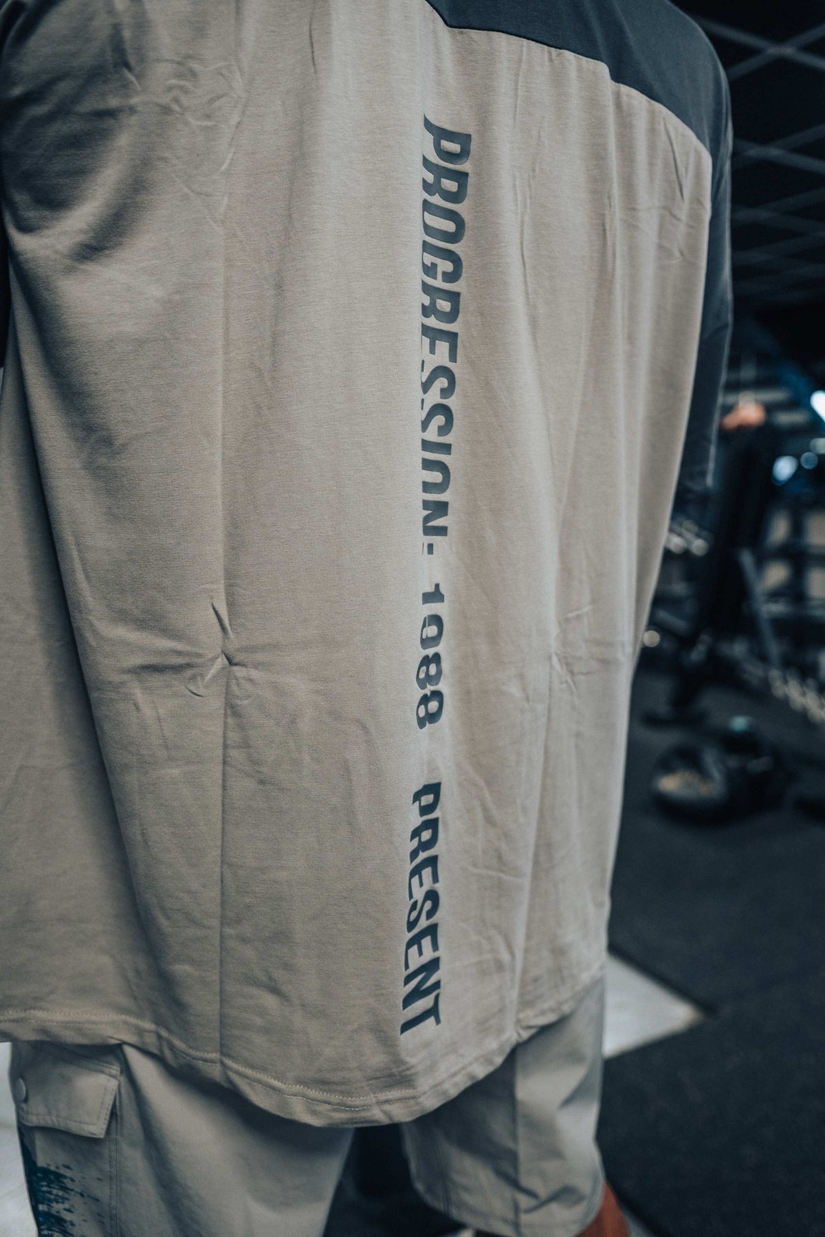 Set In Sleeve Tshirt - Vertical back logo, Grey & Dark Grey