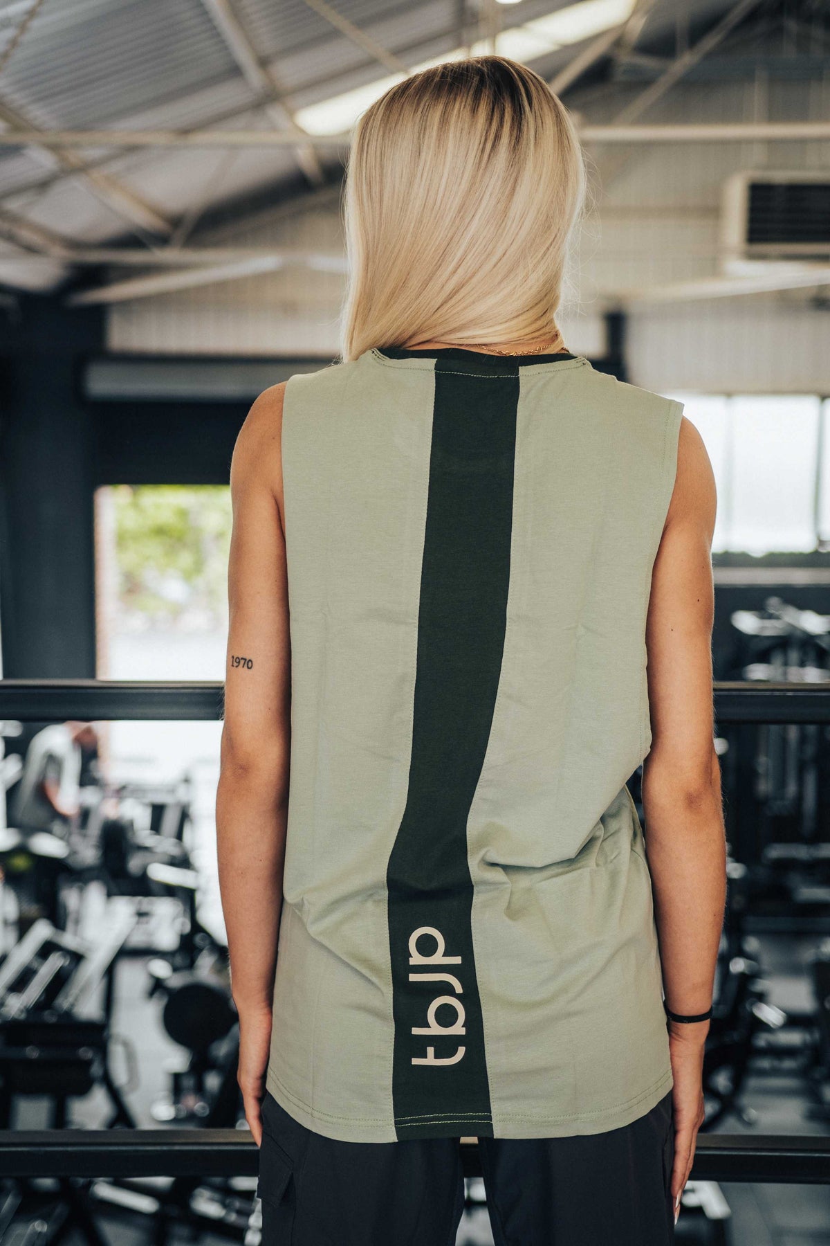 Sleeveless Tshirt Vest with vertical back stripe, in Sage & Pine