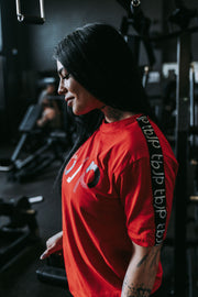 The tbJP Signature Side Stripe Tee in Crimson