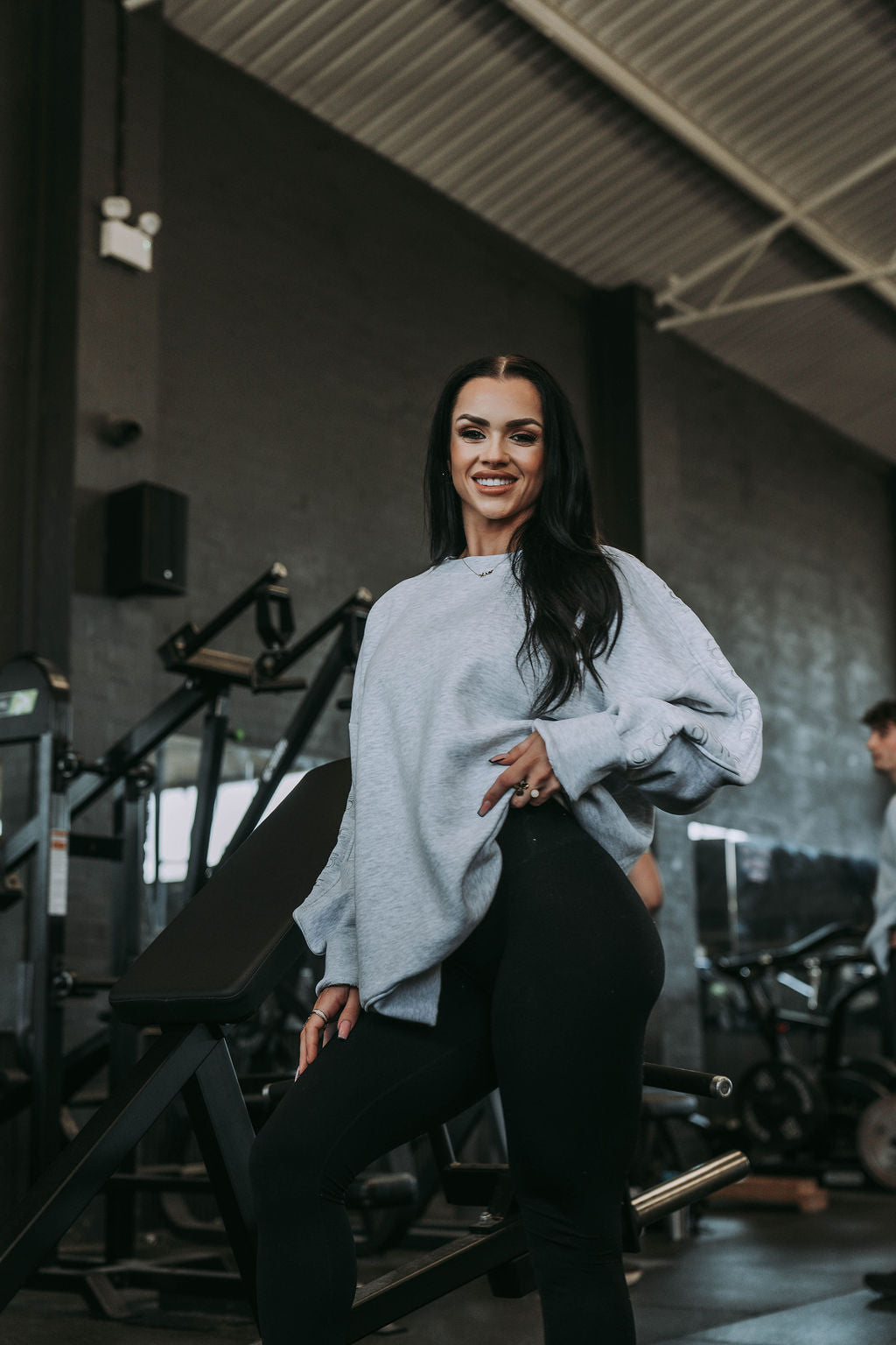 Light Grey Sweater with Stitched Logo Arm Stripes