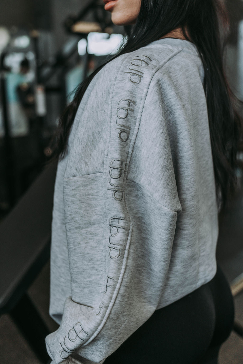 Light Grey Sweater with Stitched Logo Arm Stripes