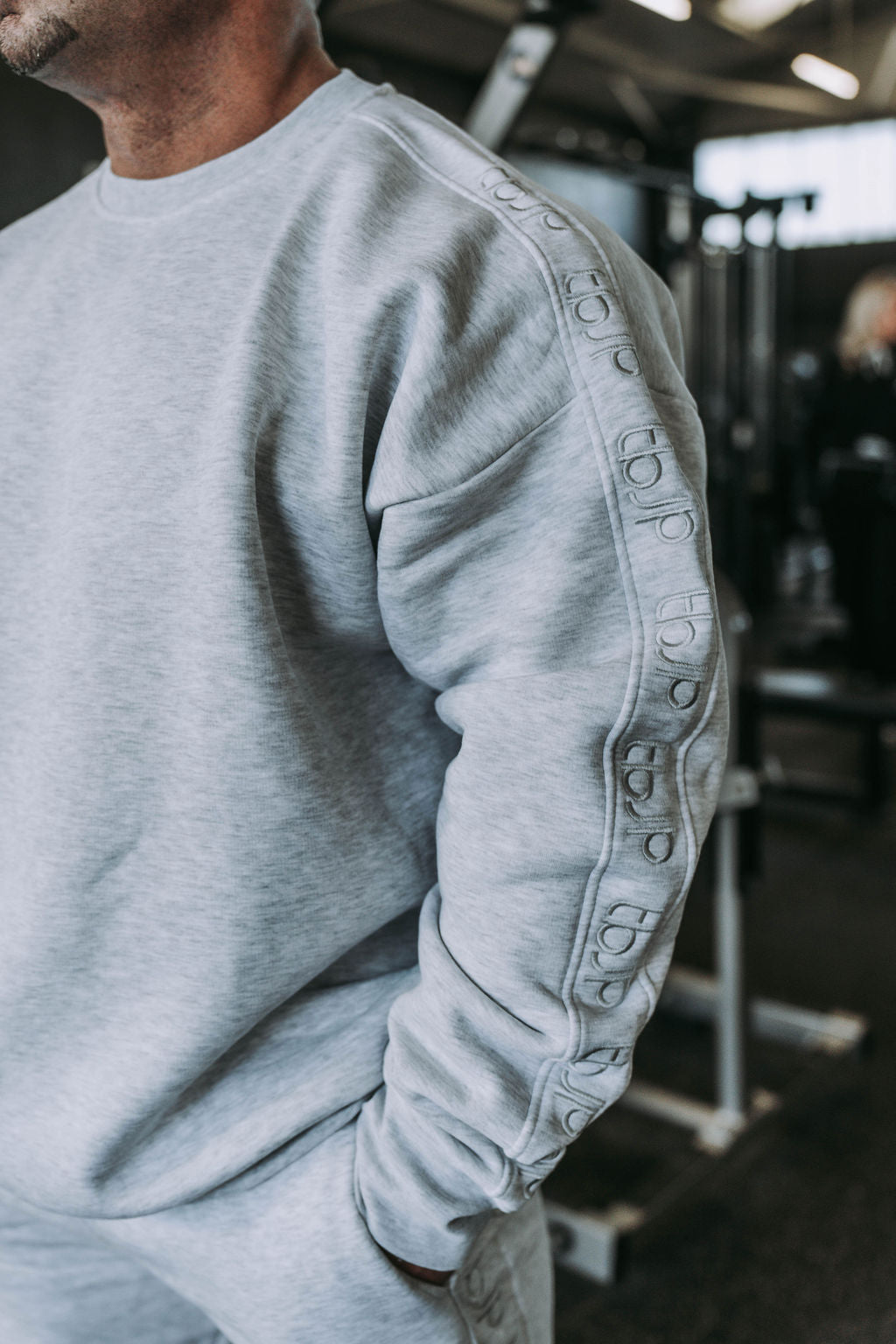 Light Grey Sweater with Stitched Logo Arm Stripes