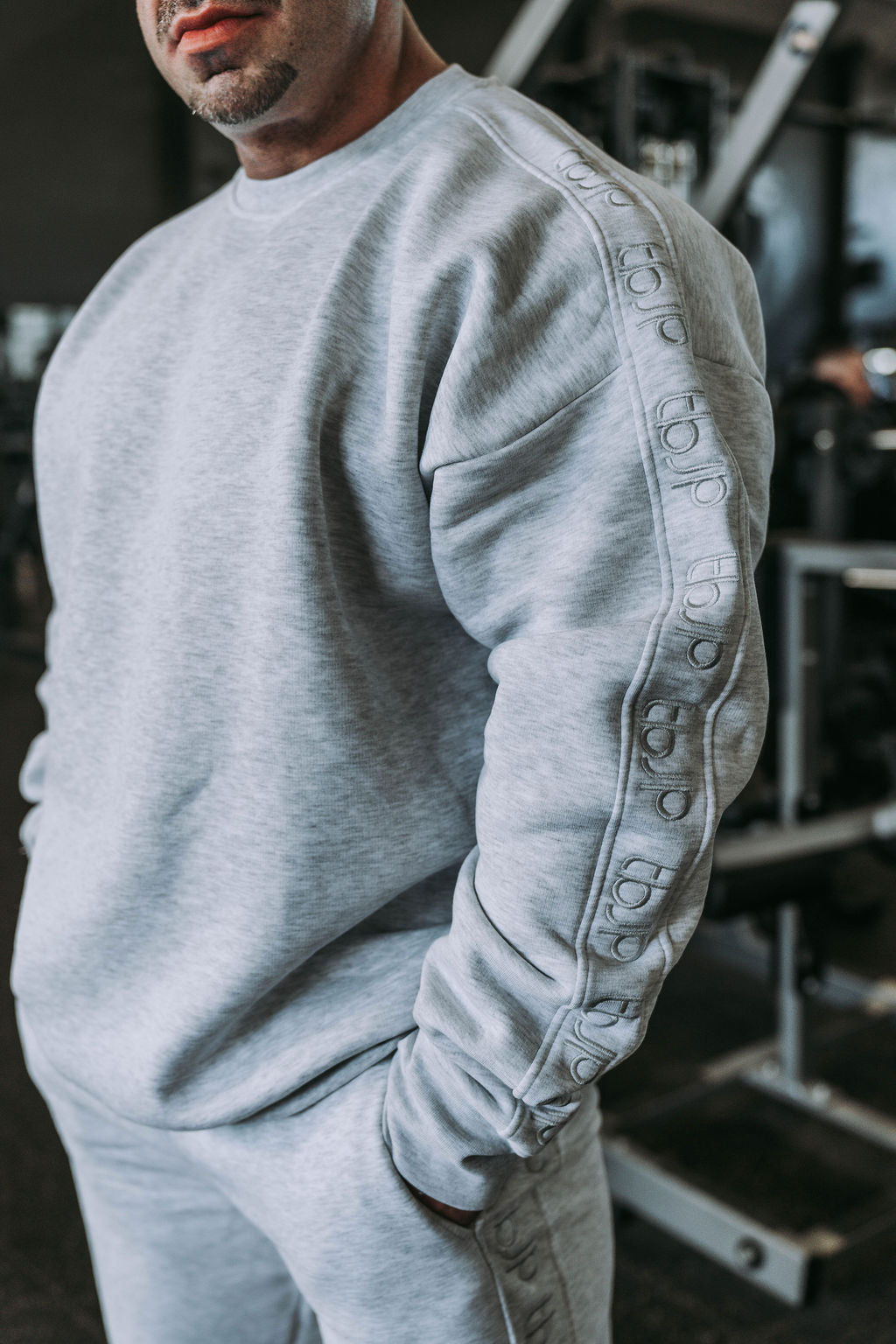 Light Grey Sweater with Stitched Logo Arm Stripes