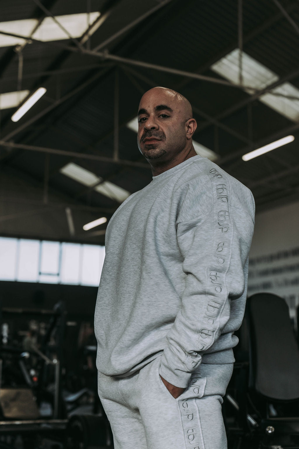 Light Grey Sweater with Stitched Logo Arm Stripes