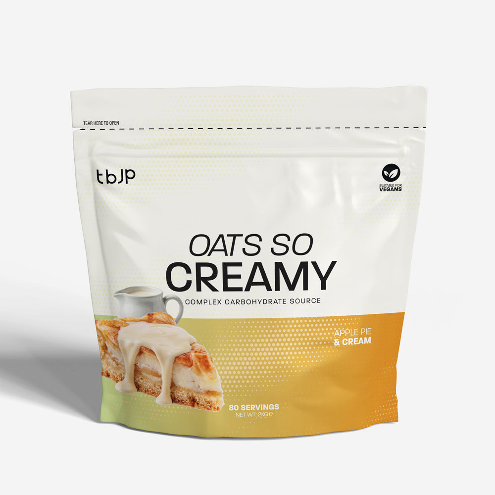 tBJP Oats So Creamy complex carbohydrate source in Apple Pie & Cream flavor, featuring a white and yellow-orange design with an apple pie and cream graphic on the front.