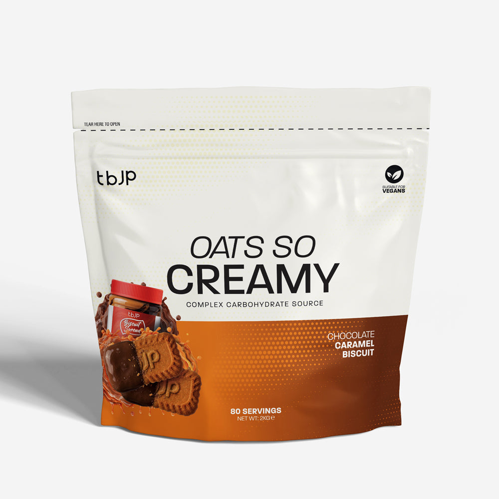 tbJP Oats So Creamy chocolate caramel biscuit complex carbohydrate source, featuring a white and orange design with product imagery of chocolate and caramel cookies.