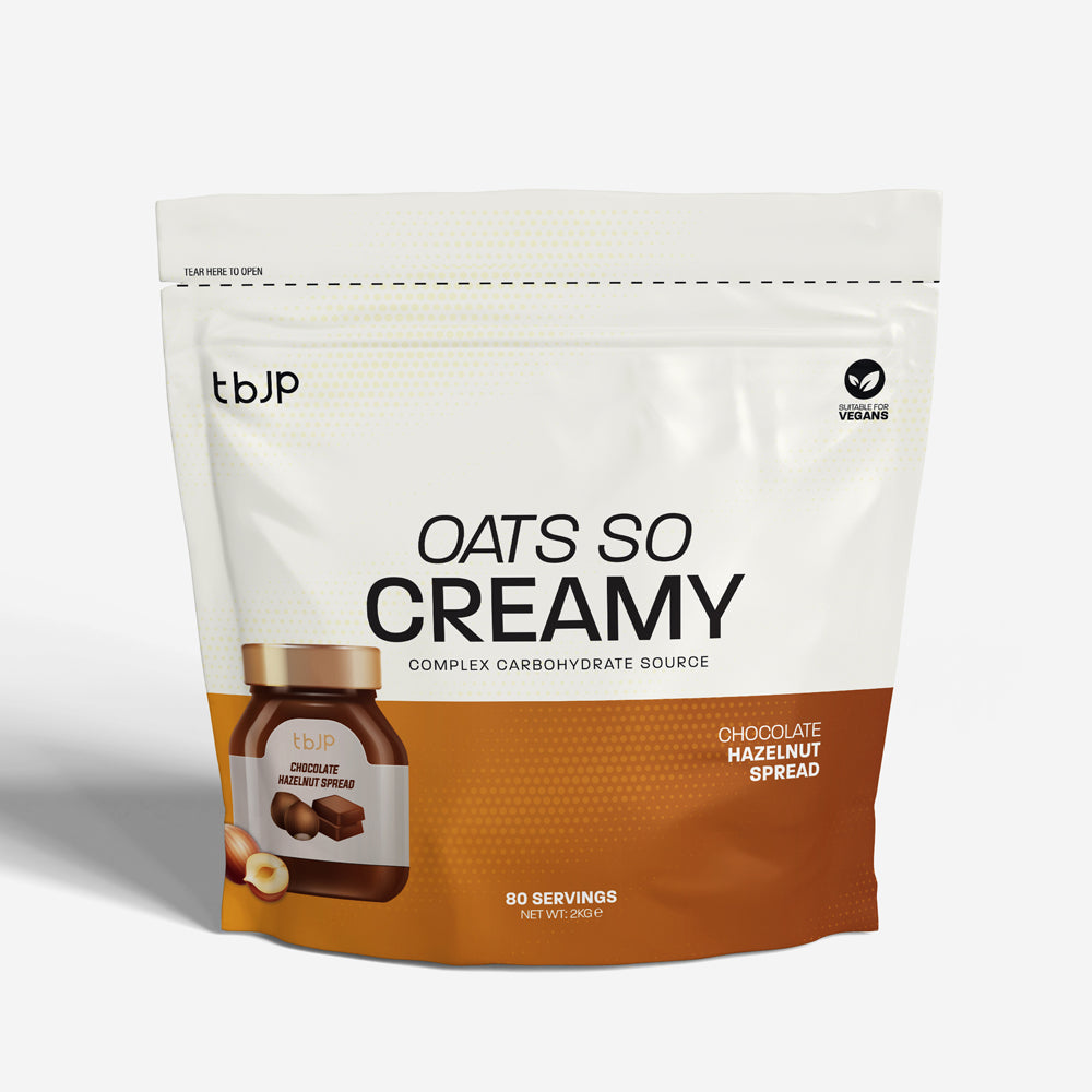 tBJP Oats So Creamy chocolate hazelnut spread, featuring a white and orange design with a jar illustration on the front.