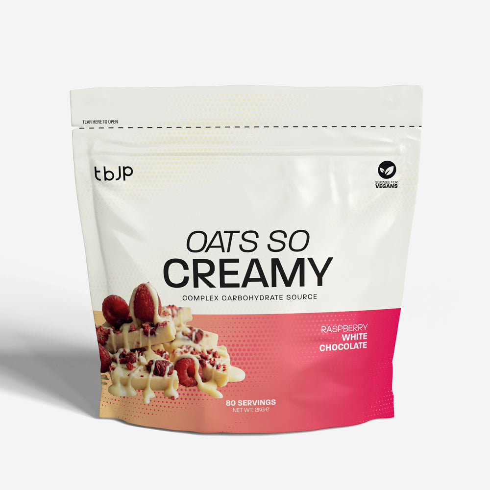 tbJP Oats So Creamy in Raspberry White Chocolate flavor, featuring a white and pink design with a chocolate waffle and raspberries graphic.