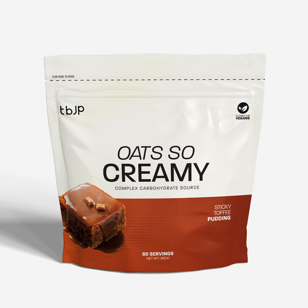 tbJP Oats So Creamy complex carbohydrate source in sticky toffee pudding flavor, shown on a light gray background.